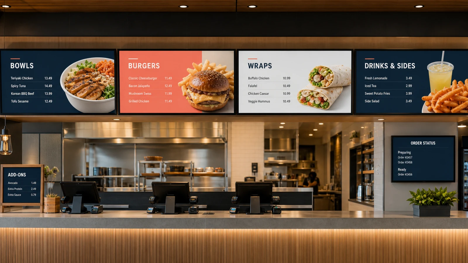 Quick-service restaurant counter with four landscape digital menu boards for bowls, burgers, wraps and drinks, plus an order-status screen